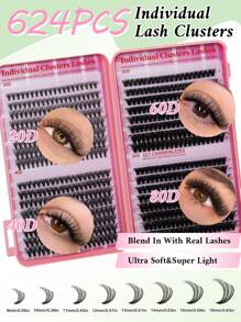 SHEIN X Milania 624PCS Mixed DIY Lash Extension Kit High Capacity Individual Lash Clusters 9-16MM Mixed D Curl Effect Natural Look Wispy Soft And Comfortable False Eyelashes Long-Lasting Individual Lashes Kit With Lash Bond&Seal And Tweezers And Lash Brus