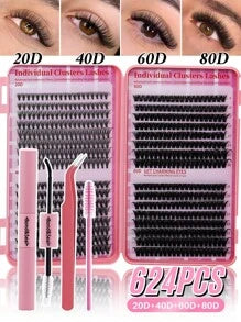 SHEIN X Milania 624PCS Mixed DIY Lash Extension Kit High Capacity Individual Lash Clusters 9-16MM Mixed D Curl Effect Natural Look Wispy Soft And Comfortable False Eyelashes Long-Lasting Individual Lashes Kit With Lash Bond&Seal And Tweezers And Lash Brus