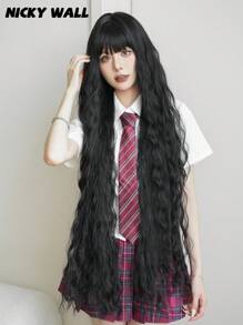 NICKY WALL Super Long Black Cosplay Lolita Wig Loose Wave Curly Cute Wigs With Bangs Natural Fashionable Synthetic Heat Resistant Fiber Wigs For Women & Girls Daily Party Use 44 Inch