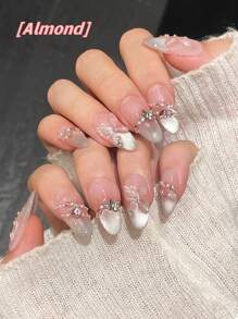 1Package/10pcs Pink Cat Eye French 3D Butterfly Pearl Crushed Diamond Hand Acrylic Press On Nails, Gentle Sweet Short Coffin