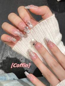 1Package/10pcs Pink Cat Eye French 3D Butterfly Pearl Crushed Diamond Hand Acrylic Press On Nails, Gentle Sweet Short Coffin