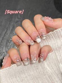 1Package/10pcs Pink Cat Eye French 3D Butterfly Pearl Crushed Diamond Hand Acrylic Press On Nails, Gentle Sweet Short Coffin