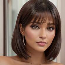 12 Inch Short Straight Hair Wig For Women, Brown Synthetic Wig With Bangs Bob Wigs For Daily Use Donna Flash