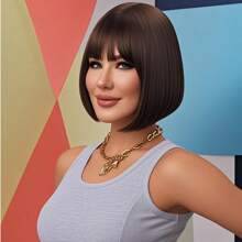 12 Inch Short Straight Hair Wig For Women, Brown Synthetic Wig With Bangs Bob Wigs For Daily Use Donna Flash