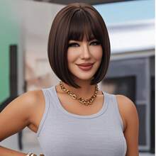 12 Inch Short Straight Hair Wig For Women, Brown Synthetic Wig With Bangs Bob Wigs For Daily Use Donna Flash