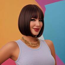 12 Inch Short Straight Hair Wig For Women, Brown Synthetic Wig With Bangs Bob Wigs For Daily Use Donna Flash