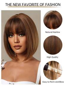 12 Inch Short Straight Hair Wig For Women, Brown Synthetic Wig With Bangs Bob Wigs For Daily Use Donna Flash