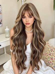 26 Inch Red Brown Copper Ginger Long Curly Wigs For Women, Gorgeous Fluffy Wigs Hair With Bangs Synthetic Wigs For Party Daily Use