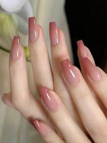 24Pcs Medium Size Coffin Shaped False Nails With Peach Ombre Gradient Design, Includes 1Pc Jelly Gel And 1Pc Nail File, Suitable For Music Festival Party, Dancing, Daily Wear, Removable And Reusable Press On Nails Nail Supplies Nails