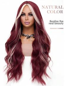 Natural Sexy Long Wave Medium Burgundy Highlight Blonde Wig Women Daily Use Party Wig Synthetic Loose Medium Fuchsia Wig Halloween Christmas Cosplay Use Romantic Casual Street Heat Resistant Wig 34 Inch