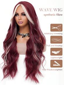 Natural Sexy Long Wave Medium Burgundy Highlight Blonde Wig Women Daily Use Party Wig Synthetic Loose Medium Fuchsia Wig Halloween Christmas Cosplay Use Romantic Casual Street Heat Resistant Wig 34 Inch