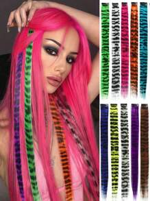 3Pcs Leopard Print Hair Extensions Stripe Printed Wig Hair Piece Colorful Long Straight Clip In Hair Extensions For Women Girls Daily Use Party Halloween Festival