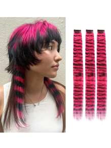 3Pcs Leopard Print Hair Extensions Stripe Printed Wig Hair Piece Colorful Long Straight Clip In Hair Extensions For Women Girls Daily Use Party Halloween Festival