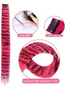 3Pcs Leopard Print Hair Extensions Stripe Printed Wig Hair Piece Colorful Long Straight Clip In Hair Extensions For Women Girls Daily Use Party Halloween Festival