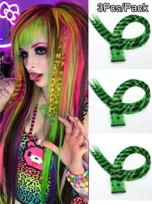 3Pcs Leopard Print Hair Extensions Stripe Printed Wig Hair Piece Colorful Long Straight Clip In Hair Extensions For Women Girls Daily Use Party Halloween Festival