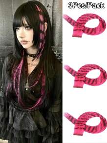3Pcs Leopard Print Hair Extensions Stripe Printed Wig Hair Piece Colorful Long Straight Clip In Hair Extensions For Women Girls Daily Use Party Halloween Festival