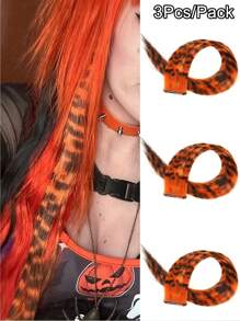 3Pcs Leopard Print Hair Extensions Stripe Printed Wig Hair Piece Colorful Long Straight Clip In Hair Extensions For Women Girls Daily Use Party Halloween Festival