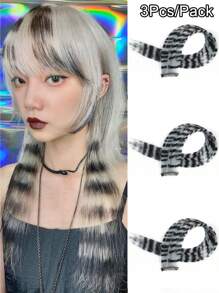 3Pcs Leopard Print Hair Extensions Stripe Printed Wig Hair Piece Colorful Long Straight Clip In Hair Extensions For Women Girls Daily Use Party Halloween Festival