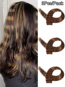 3Pcs Leopard Print Hair Extensions Stripe Printed Wig Hair Piece Colorful Long Straight Clip In Hair Extensions For Women Girls Daily Use Party Halloween Festival