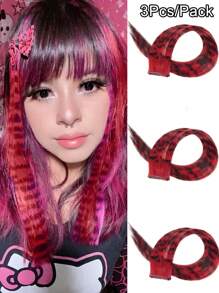 3Pcs Leopard Print Hair Extensions Stripe Printed Wig Hair Piece Colorful Long Straight Clip In Hair Extensions For Women Girls Daily Use Party Halloween Festival