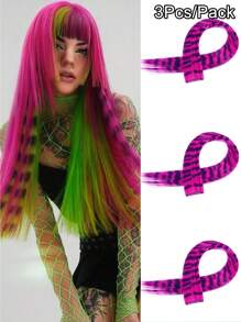 3Pcs Leopard Print Hair Extensions Stripe Printed Wig Hair Piece Colorful Long Straight Clip In Hair Extensions For Women Girls Daily Use Party Halloween Festival