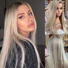 180% Density Ombre Ash Blonde To Lighter Ends Human Hair Wig With Dark Roots - 13x4 HD Transparent Lace Frontal, Pre Plucked Natural Hairline Remy Brazilian Human Hair For Women,Ombre Blonde Lace Front Wig Human Hair