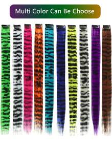 3Pcs Leopard Print Hair Extensions Stripe Printed Wig Hair Piece Colorful Long Straight Clip In Hair Extensions For Women Girls Daily Use Party Halloween Festival