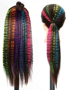 3Pcs Leopard Print Hair Extensions Stripe Printed Wig Hair Piece Colorful Long Straight Clip In Hair Extensions For Women Girls Daily Use Party Halloween Festival