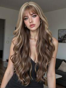 26 Inch Red Brown Copper Ginger Long Curly Wigs For Women, Gorgeous Fluffy Wigs Hair With Bangs Synthetic Wigs For Party Daily Use