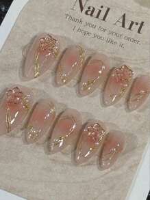 10 Pcs Handmade Press On Nails ,Christmas Gifts,Fake Nails,Press On Short Nails, Almond Nails, Inlaid With Golden Flower Strips, Light And Luxurious, Elegant And Noble In Temperament, Suitable For Daily Use By Women Of Different Styles, Detachable And Reu