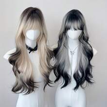 Women's Long Curly Wig With Bangs - Light Blonde Brown To Dark Brown/Black Gradient, Natural Waves And Voluminous Volume For Parties, Concerts, Daily Use - Elegant Hairstyles, All Light Beige Tones, Concert Hair Accessories, Party Accessories