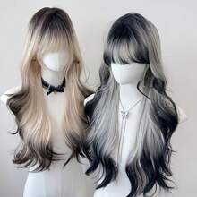 Women's Long Curly Wig With Bangs - Light Blonde Brown To Dark Brown/Black Gradient, Natural Waves And Voluminous Volume For Parties, Concerts, Daily Use - Elegant Hairstyles, All Light Beige Tones, Concert Hair Accessories, Party Accessories
