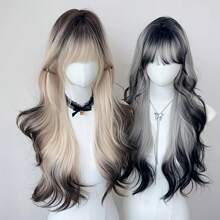 Women's Long Curly Wig With Bangs - Light Blonde Brown To Dark Brown/Black Gradient, Natural Waves And Voluminous Volume For Parties, Concerts, Daily Use - Elegant Hairstyles, All Light Beige Tones, Concert Hair Accessories, Party Accessories