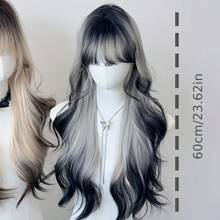 Women's Long Curly Wig With Bangs - Light Blonde Brown To Dark Brown/Black Gradient, Natural Waves And Voluminous Volume For Parties, Concerts, Daily Use - Elegant Hairstyles, All Light Beige Tones, Concert Hair Accessories, Party Accessories