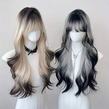 Women's Long Curly Wig With Bangs - Light Blonde Brown To Dark Brown/Black Gradient, Natural Waves And Voluminous Volume For Parties, Concerts, Daily Use - Elegant Hairstyles, All Light Beige Tones, Concert Hair Accessories, Party Accessories