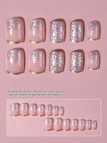 24Pcs/Set Medium Square Gloss Color French Press On Nails With Glitter Powder, Full Fit Acrylic Fake Nails, Contain 1pc Jelly Glue And 1pc Nail File, Suitable For Women And Girls'daily Work, Study, And Parties Use