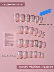 24Pcs/Set Medium Square Gloss Color French Press On Nails With Glitter Powder, Full Fit Acrylic Fake Nails, Contain 1pc Jelly Glue And 1pc Nail File, Suitable For Women And Girls'daily Work, Study, And Parties Use