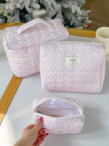 1Pc/Set Gingham Pattern Cute Makeup Bag Set Portable Travel Makeup Bag Cosmetic Bag Cosmetic Organiser Jewelry Organiser Multifunctional Storage Bag For Women Clutch With Zipper Closure For Cosmetics,Brush,Skincare,Mobile Phone,Coin,Small Items Make Up Ba