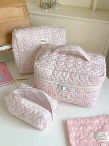 1Pc/Set Gingham Pattern Cute Makeup Bag Set Portable Travel Makeup Bag Cosmetic Bag Cosmetic Organiser Jewelry Organiser Multifunctional Storage Bag For Women Clutch With Zipper Closure For Cosmetics,Brush,Skincare,Mobile Phone,Coin,Small Items Make Up Ba