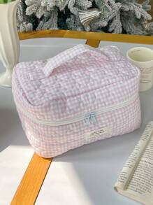 1Pc/Set Gingham Pattern Cute Makeup Bag Set Portable Travel Makeup Bag Cosmetic Bag Cosmetic Organiser Jewelry Organiser Multifunctional Storage Bag For Women Clutch With Zipper Closure For Cosmetics,Brush,Skincare,Mobile Phone,Coin,Small Items Make Up Ba