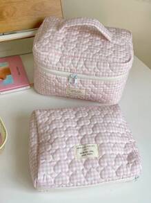 1Pc/Set Gingham Pattern Cute Makeup Bag Set Portable Travel Makeup Bag Cosmetic Bag Cosmetic Organiser Jewelry Organiser Multifunctional Storage Bag For Women Clutch With Zipper Closure For Cosmetics,Brush,Skincare,Mobile Phone,Coin,Small Items Make Up Ba