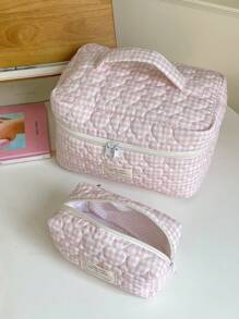 1Pc/Set Gingham Pattern Cute Makeup Bag Set Portable Travel Makeup Bag Cosmetic Bag Cosmetic Organiser Jewelry Organiser Multifunctional Storage Bag For Women Clutch With Zipper Closure For Cosmetics,Brush,Skincare,Mobile Phone,Coin,Small Items Make Up Ba