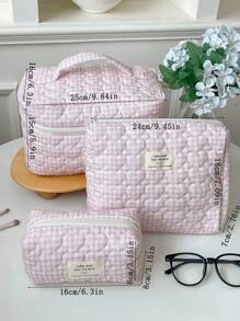 1Pc/Set Gingham Pattern Cute Makeup Bag Set Portable Travel Makeup Bag Cosmetic Bag Cosmetic Organiser Jewelry Organiser Multifunctional Storage Bag For Women Clutch With Zipper Closure For Cosmetics,Brush,Skincare,Mobile Phone,Coin,Small Items Make Up Ba