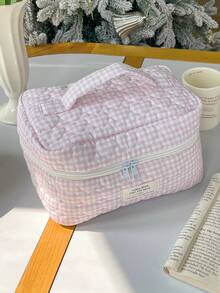 1Pc/Set Gingham Pattern Cute Makeup Bag Set Portable Travel Makeup Bag Cosmetic Bag Cosmetic Organiser Jewelry Organiser Multifunctional Storage Bag For Women Clutch With Zipper Closure For Cosmetics,Brush,Skincare,Mobile Phone,Coin,Small Items Make Up Ba
