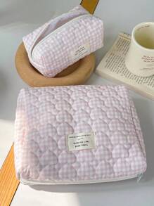 1Pc/Set Gingham Pattern Cute Makeup Bag Set Portable Travel Makeup Bag Cosmetic Bag Cosmetic Organiser Jewelry Organiser Multifunctional Storage Bag For Women Clutch With Zipper Closure For Cosmetics,Brush,Skincare,Mobile Phone,Coin,Small Items Make Up Ba