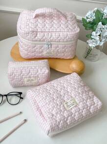 1Pc/Set Gingham Pattern Cute Makeup Bag Set Portable Travel Makeup Bag Cosmetic Bag Cosmetic Organiser Jewelry Organiser Multifunctional Storage Bag For Women Clutch With Zipper Closure For Cosmetics,Brush,Skincare,Mobile Phone,Coin,Small Items Make Up Ba
