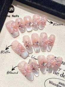 1Package/10pcs Pink Cat Eye French 3D Butterfly Pearl Crushed Diamond Hand Acrylic Press On Nails, Gentle Sweet Short Coffin