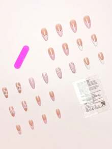 24pcs/Set Elegant Gradient Pink & White Almond-Shaped Nail Stickers With 3D Floral & Pearl Decor, Includes Gel Polish And Nail File, Suitable For Girls/Women For Daily, Party, Autumn Nails