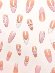 24pcs/Set Elegant Gradient Pink & White Almond-Shaped Nail Stickers With 3D Floral & Pearl Decor, Includes Gel Polish And Nail File, Suitable For Girls/Women For Daily, Party, Autumn Nails