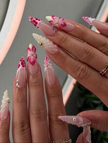 24pcs/Set French Almond-Shaped Ocean Style Elegant 3D Pink Polka Dot Ombre Floral Decor Acrylic Nail Tips With 1pc Jelly Gel And 1pc Nail File, Romantic And Sweet For Daily Wear And Dates